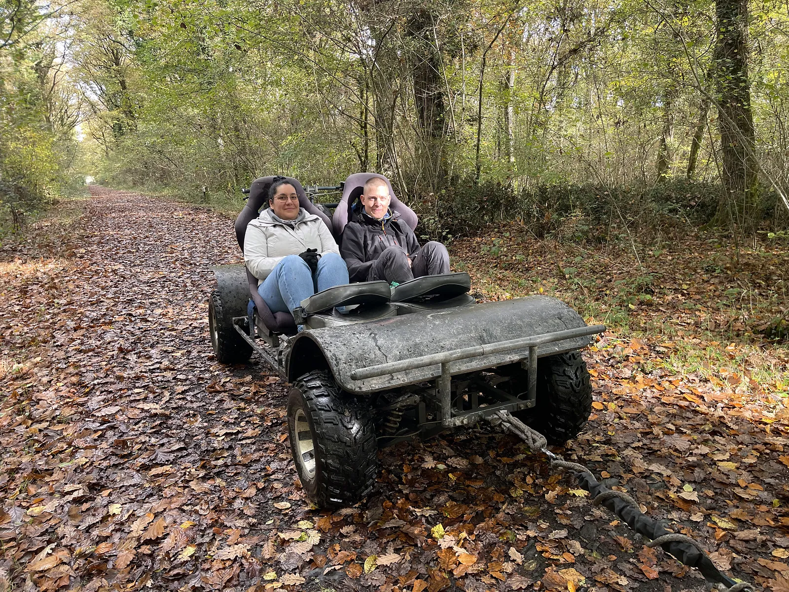 Le cani-kart dans une allée couverte de feuilles